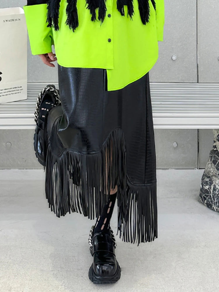 Black Elastic Waist PU Leather Tassels Irregular Midi Skirt