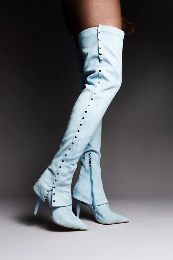 Faded Light Blue Suede Side Stud Buckle Embellished Over-the-Knee Zipper Pointed Toe Stiletto Heel Boots