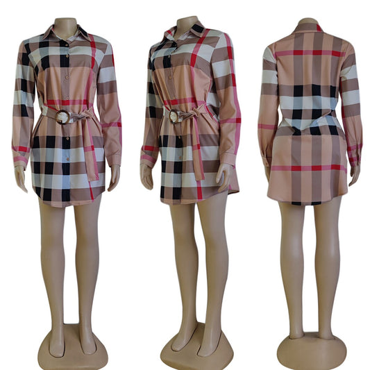 Plaid English Print Blouse Dress w/ Belt