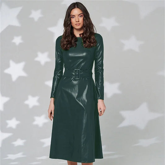 PU Leather Long Sleeve Slim Fit Maxi Dress w/ Belt