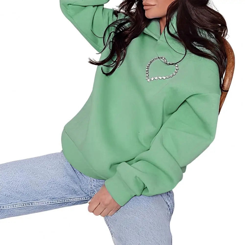 Heart Shape Ladies Backless Hollow-Out Rhinestone Pullover Solid Color Hoodie