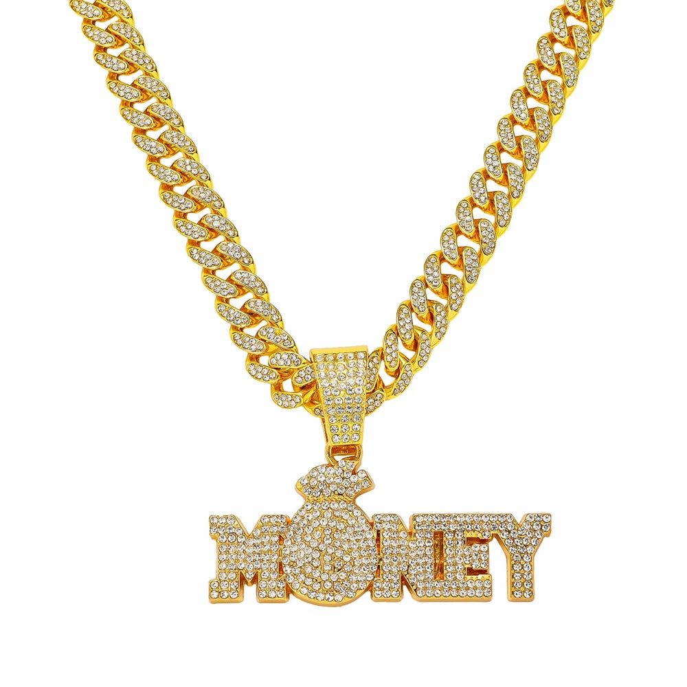 "Money" Iced Out Bling Rhinestone Chain Money Bag Dollar Sign Chain Necklace