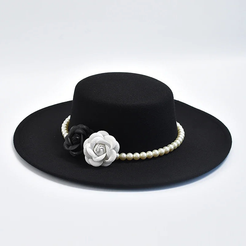 French Rose Flower Pearl Decor Wide Brim Flat Top Felt Derby Fedora Hat