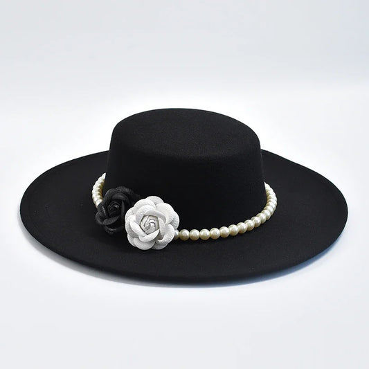 French Rose Flower Pearl Decor Wide Brim Flat Top Felt Derby Fedora Hat