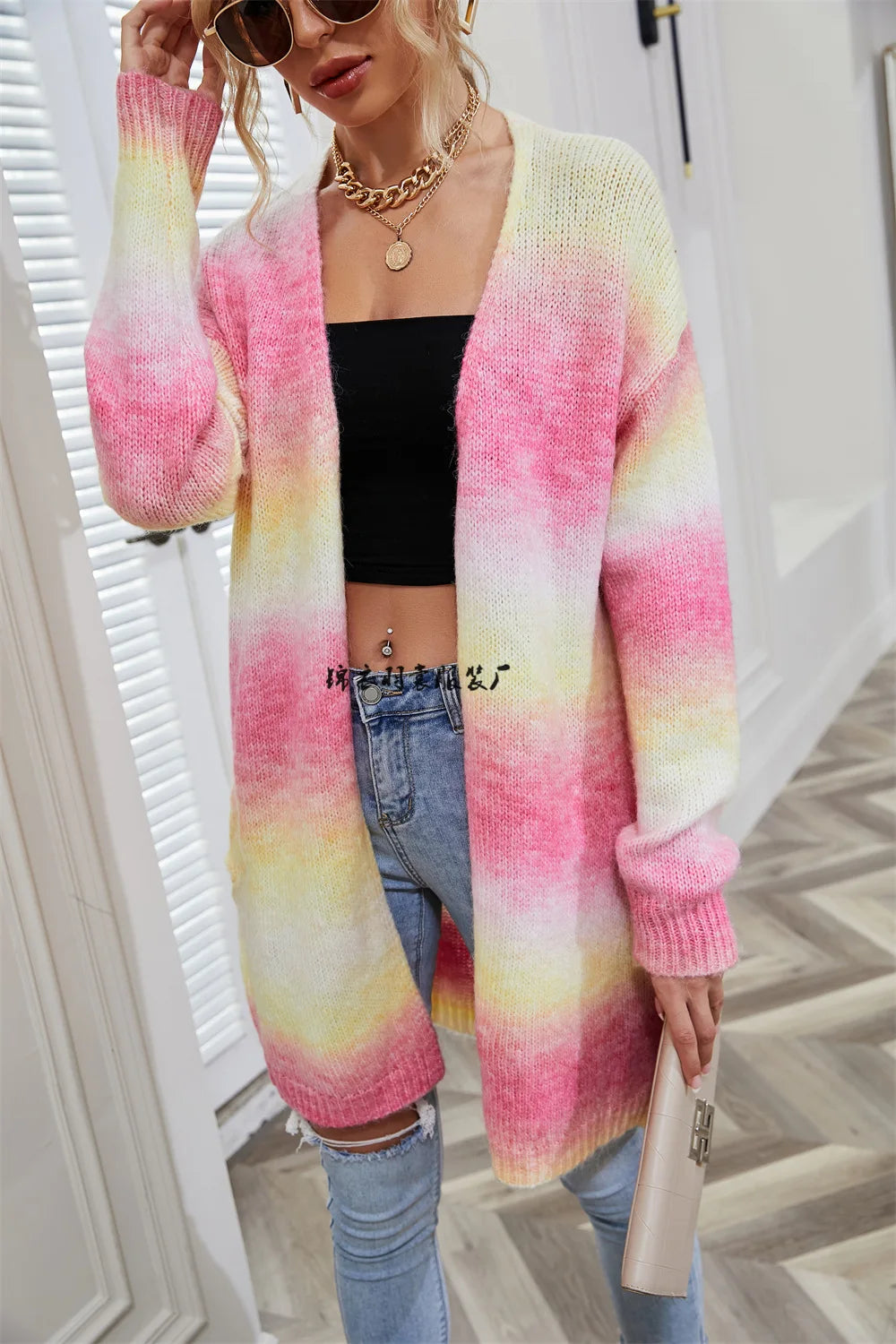 Rainbow Colorblock Striped Tie-Dye Knitted Women's Long Sleeve Maxi Cardigan Sweater