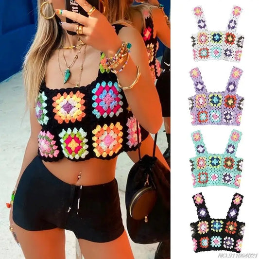 Crochet Multi-Colored Square Flower Design Knitted Square Neck Women's Sleeveless Cropped Tank Top