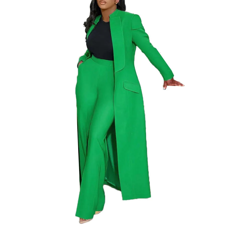 Notched Collar Solid Color Pocketed Maxi Trench Blazer + Pants Women's Office/Formal Party Suit