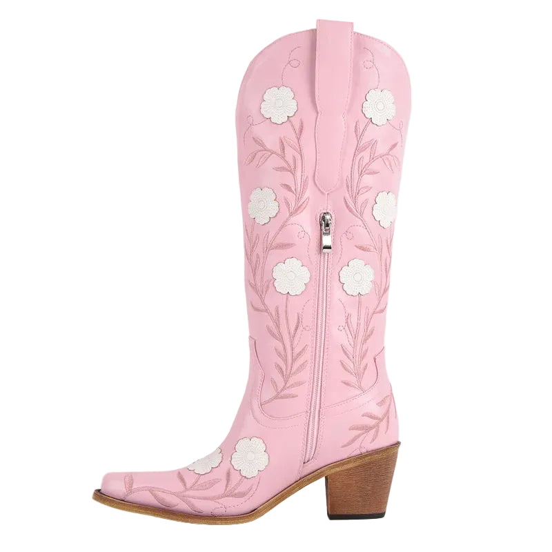 Western Flower Embroidered Women's Pointed Toe Side Zipper Chunky Heel Cowgirl Boots