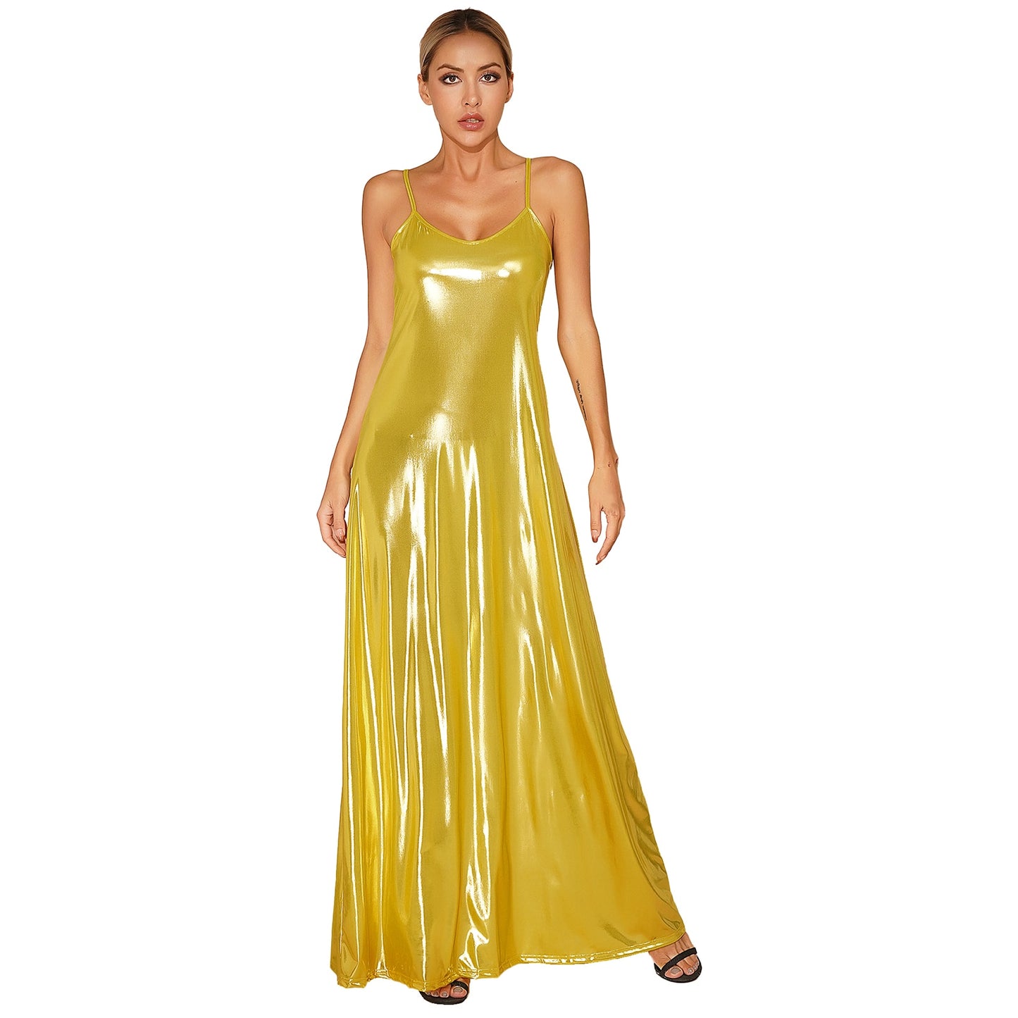 Shiny V-Neck Adjustable Spaghetti Strap Backless Dress