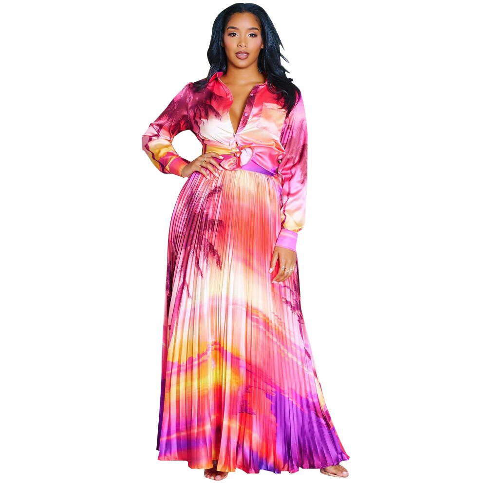 Rainbow Tie-Dye Long Sleeve V-Neck Printed Blouse + Pleated Maxi Skirt Matching 2-Piece Set