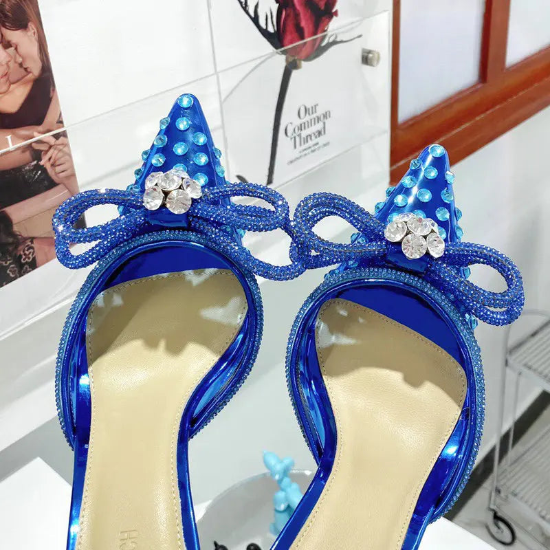 Crystal Butterfly Knot Ankle Strap Women's Pointed Toe Mule Slipper Sandal Pumps