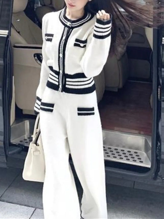 Pullover Striped Double Pocket Button-Up O-Neck Sweater Blazer + Wide Leg Pants Women's Knitted 2-Piece Suit