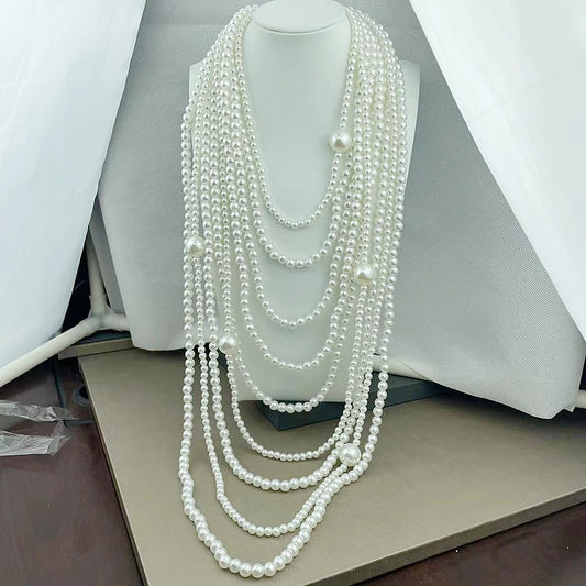 Multi-Layer White Big Pearl Women's Tassel Collar Bridal Choker Necklace