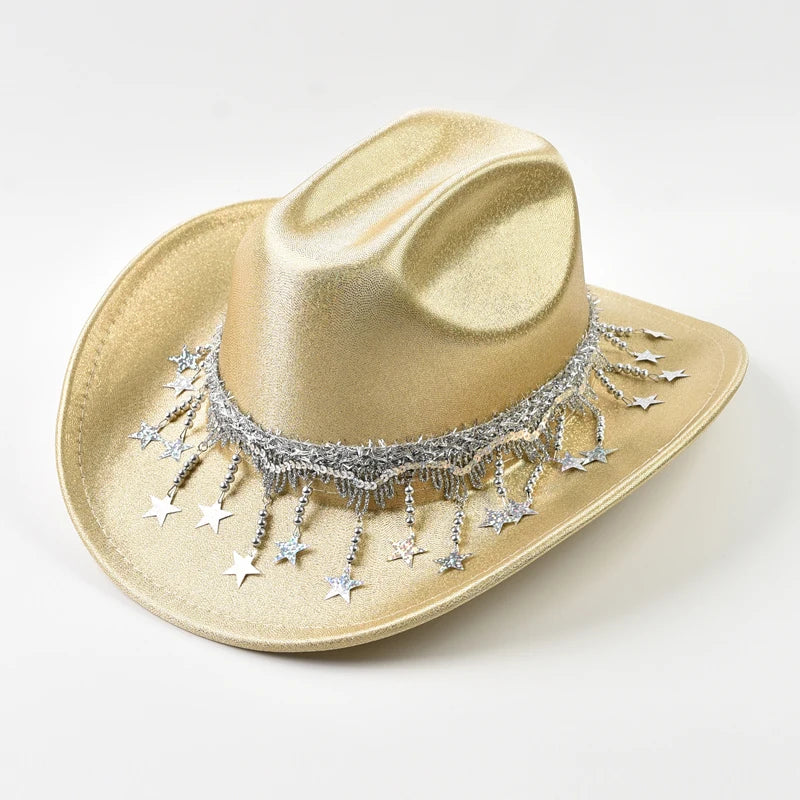 Sequin Rhinestone Metallic Tassel Fringe Women's Cowgirl Fedora Hat