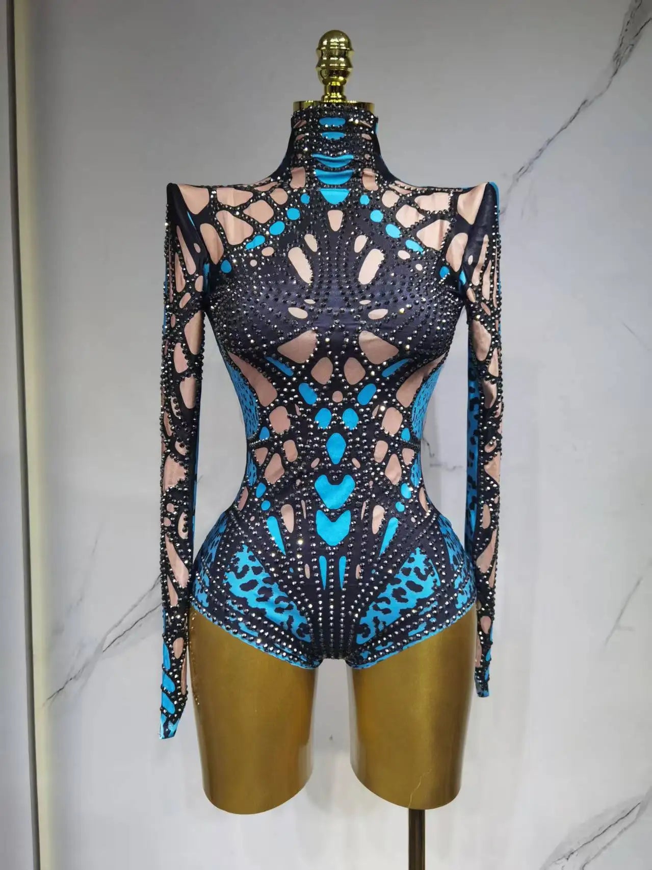 Sparkling Rhinestone Hollow-Out Long Sleeve Stage Formal Stage Performance Skin Tight Bodysuit