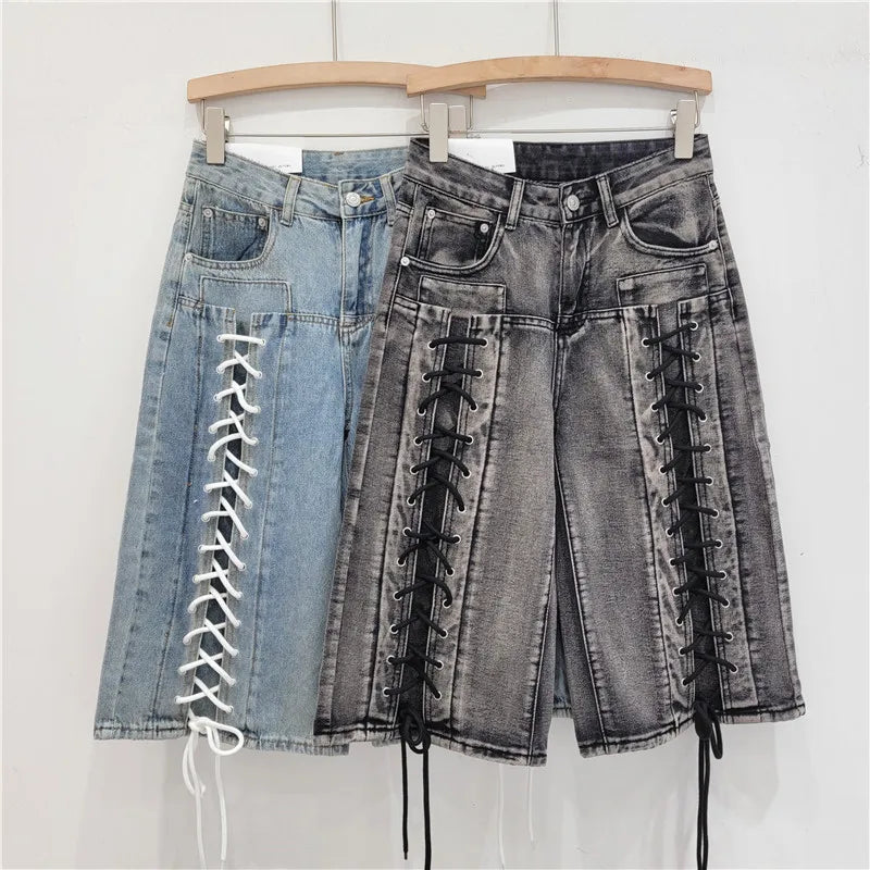 Denim Drawstring Women's Criss-Cross Pattern Lace-Up High Waist Wide Leg Cargo Jean Shorts