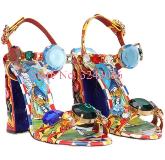 Crystal Chunky Heel Mixed Color Diamond Beach Sandals