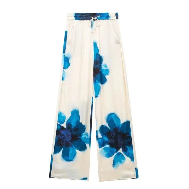 Floral Stain Print Button-Up Blouse + Elastic Waist Wide Leg Pants Women's Casual 2-Piece Sets
