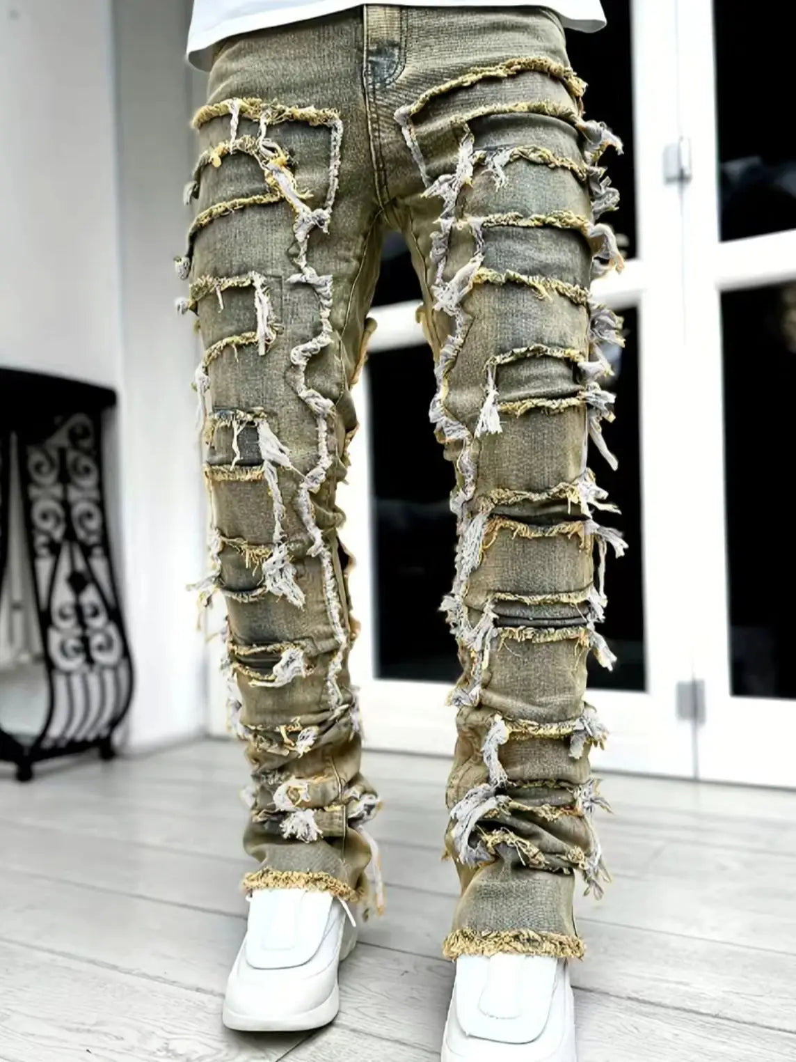 Men's Denim Fringe Ripped Hip-Hop Stretch Stacked Elastic Waist Straight Patchwork Jeans