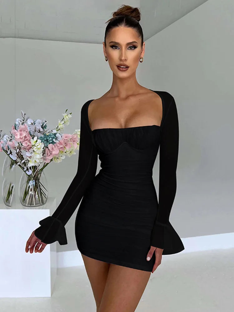Ruched Camisole Design 2-Layer Mesh Flared Sleeve Zipper Back Bodycon Mini Formal Party/Club Dress