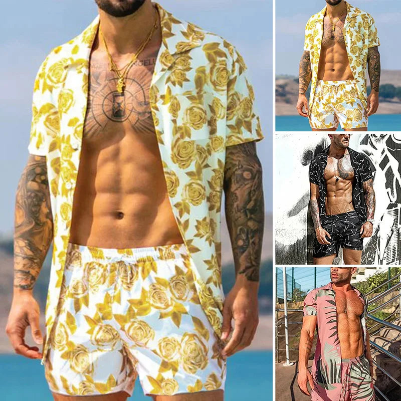 Men's Turn-Down Collar Short Sleeve Button-Up Hawaiian Shirt + Shorts 2-Piece Set