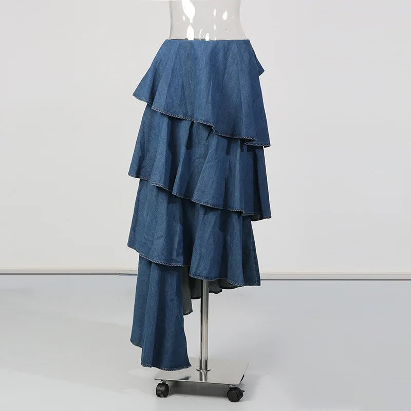 Denim Blue Gradient Colorblock Long Sleeve Turn-Down Collar Jean Shirt + Ruffled Tiered Layered Hi-Lo Tutu Jean Skirt Women's 2-Piece Set