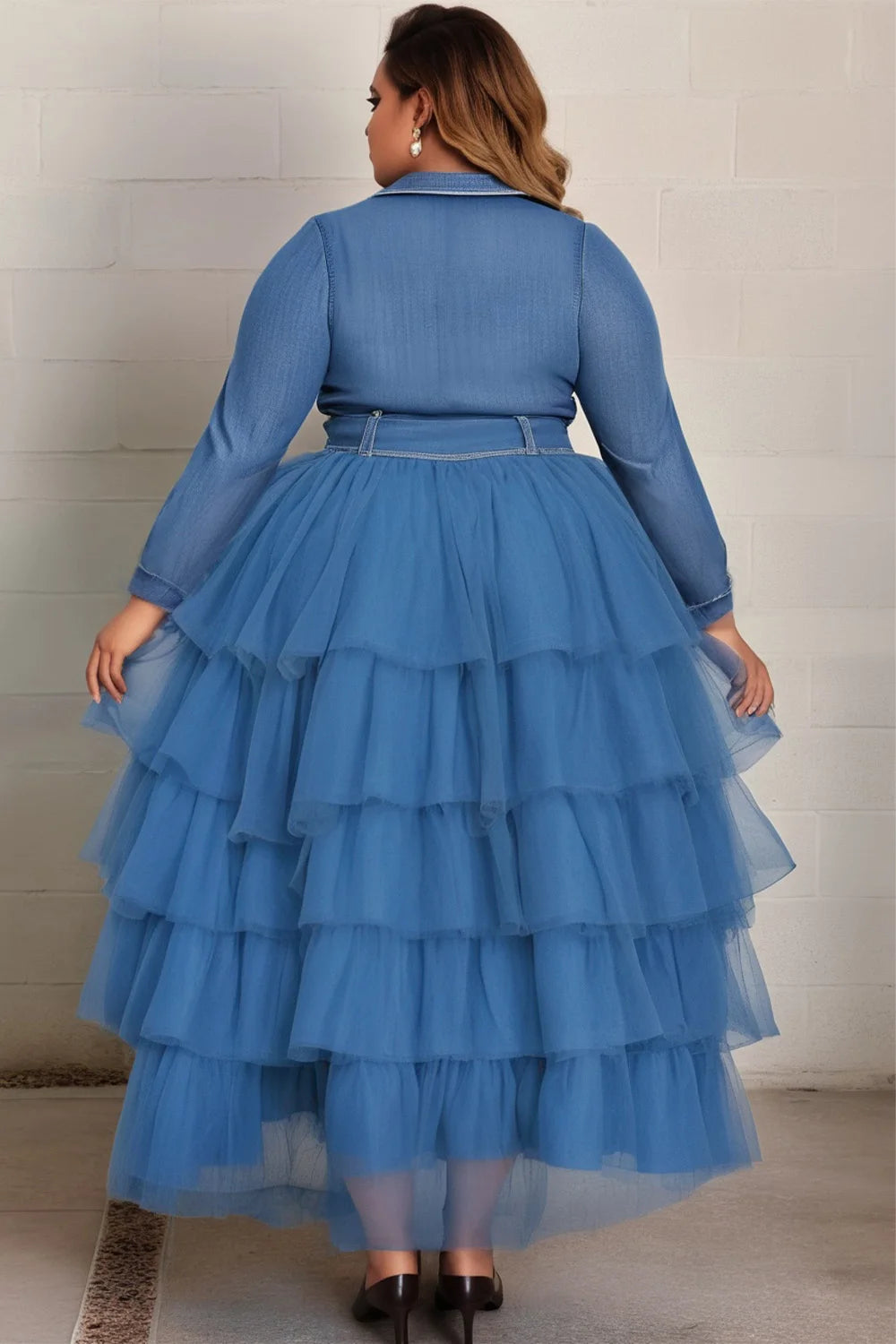 Denim Blue Button-Up Turn-Down Collar Tiered Patchwork Long Sleeve Tulle Tutu Skirt Dress to 5X Plus Size