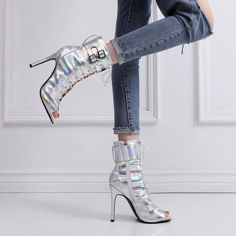 Silver Metallic Latin PU Leather Thin High Heel Salsa Lace-up Ankle Boots