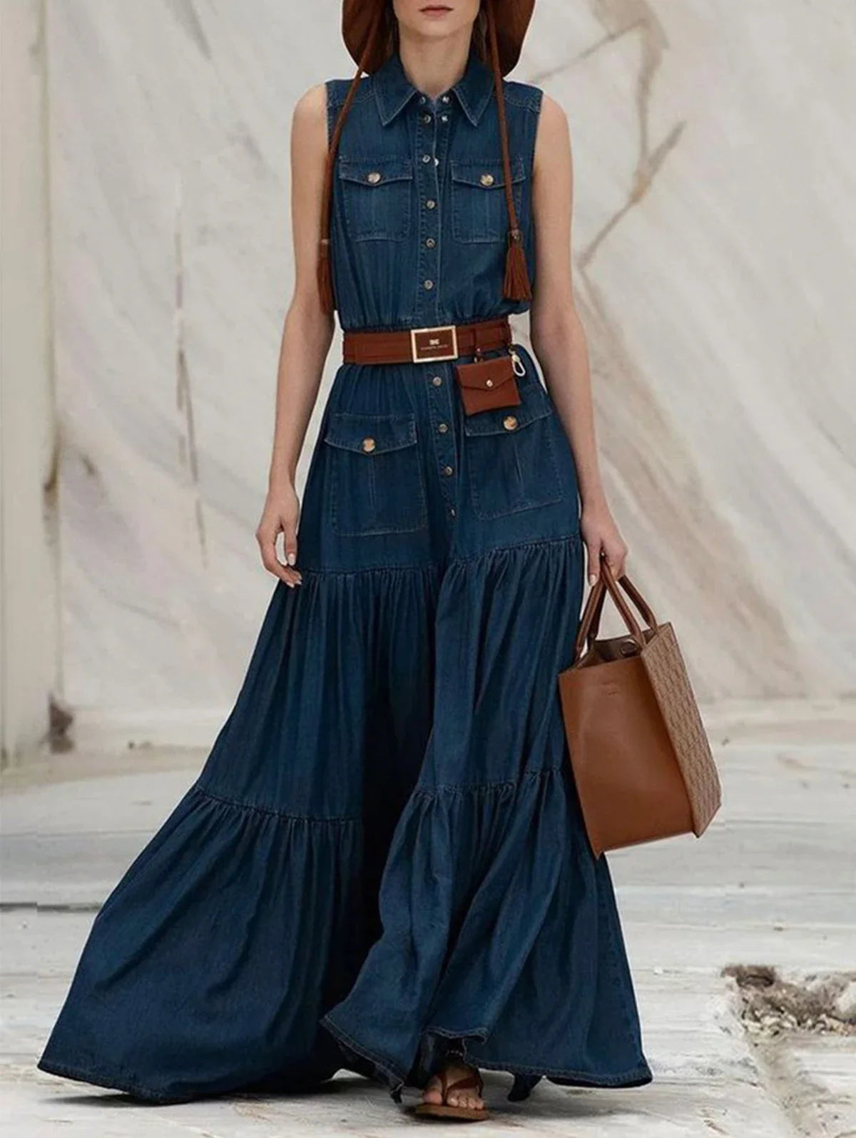 Demin Dark Blue Cargo Pocketed Ruffled Sleeveless Button-Up Tank Style Turn Down Collar Pleated A-Line Maxi Dress