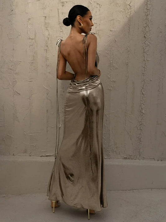 Silver/Gold Metallic Faux Leather Lace Up Sleeveless Backless Bodycon Maxi Dress