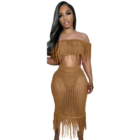 Tassel Detail Knitted Crochet Ribbed Solid Slash Neck Off-the-Shoulder Top + Hollow-Out Midi Fringe Skirt 2-Piece Set