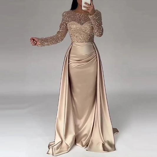 Lace Satin Crystal Sequin Patchwork O-Neck Long Sleeve Draped Pleated Solid Color Long Sleeve Formal Maxi Floor-Length Party Dress
