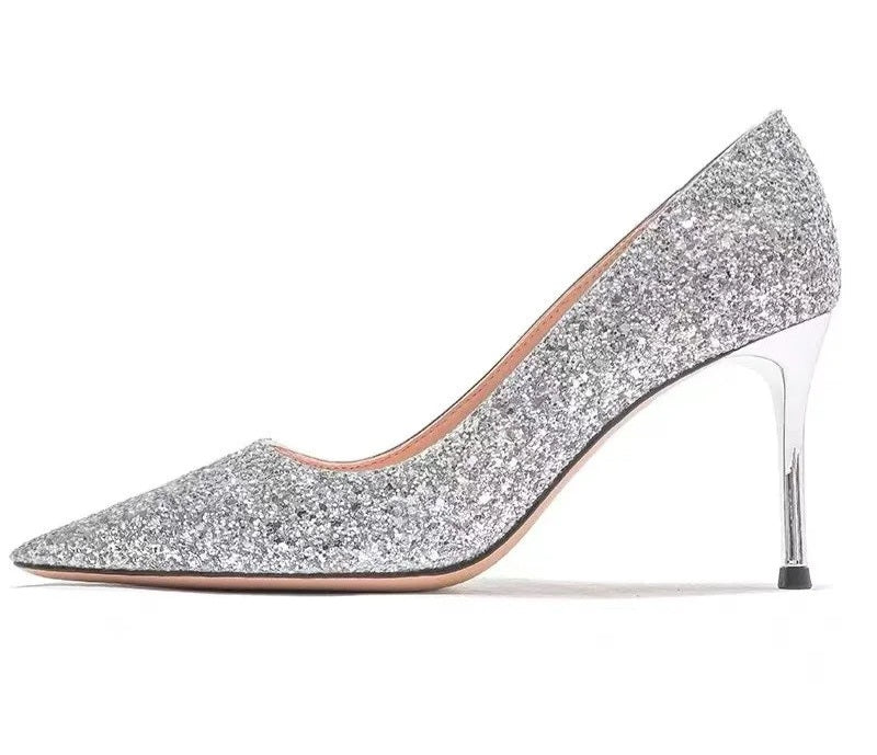 Metallic Glitter Stiletto Solid Shallow Pointed Toe Pumps