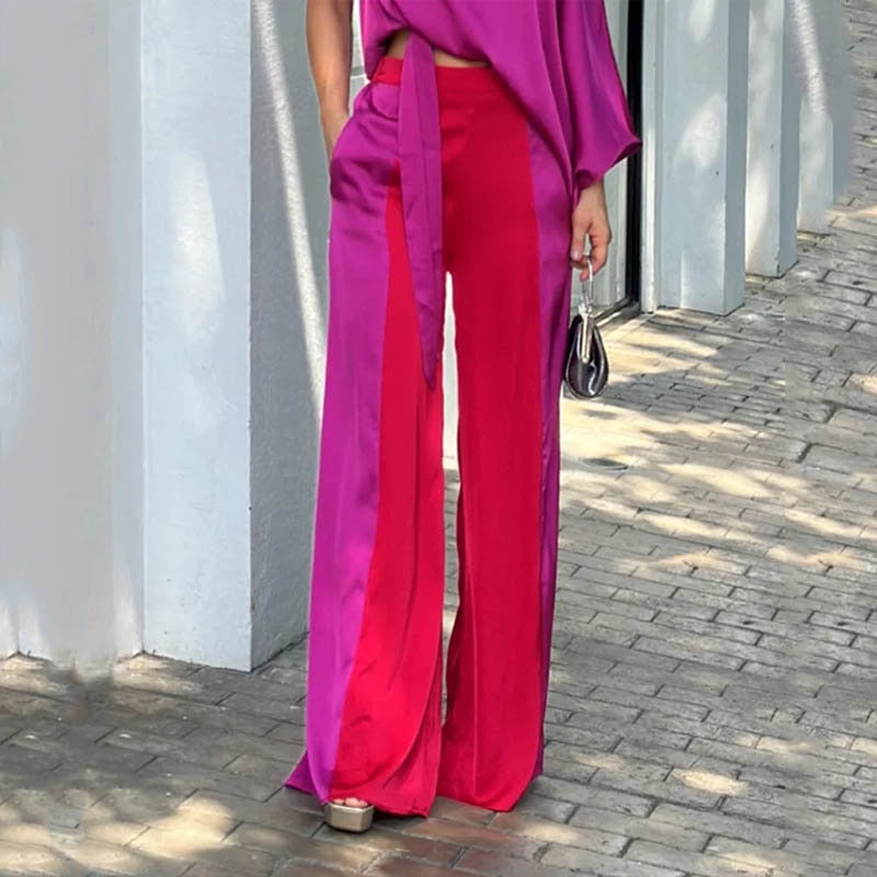 One Shoulder Lace Up Long Sleeve Top Loose Color-Block Wide Leg Pants Set