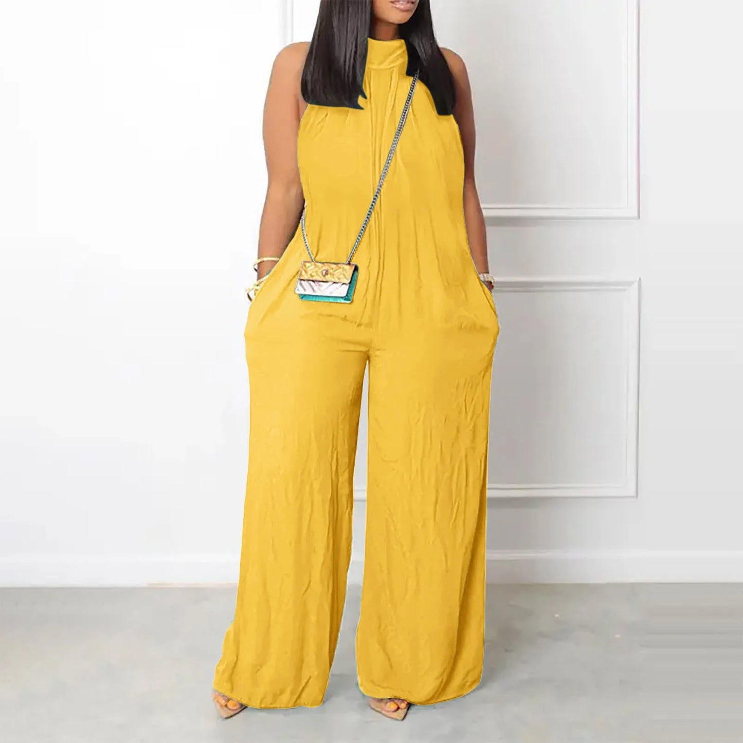 Solid Color Sleeveless Loose Wide Leg Overall Harem Pant Romper w/ Pockets