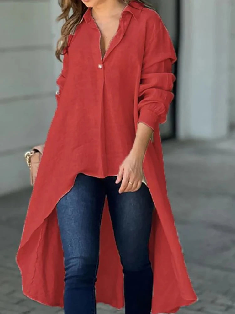 Long Sleeve Solid Turn-Down Collar  Patchwork Button-Up Maxi Blouse