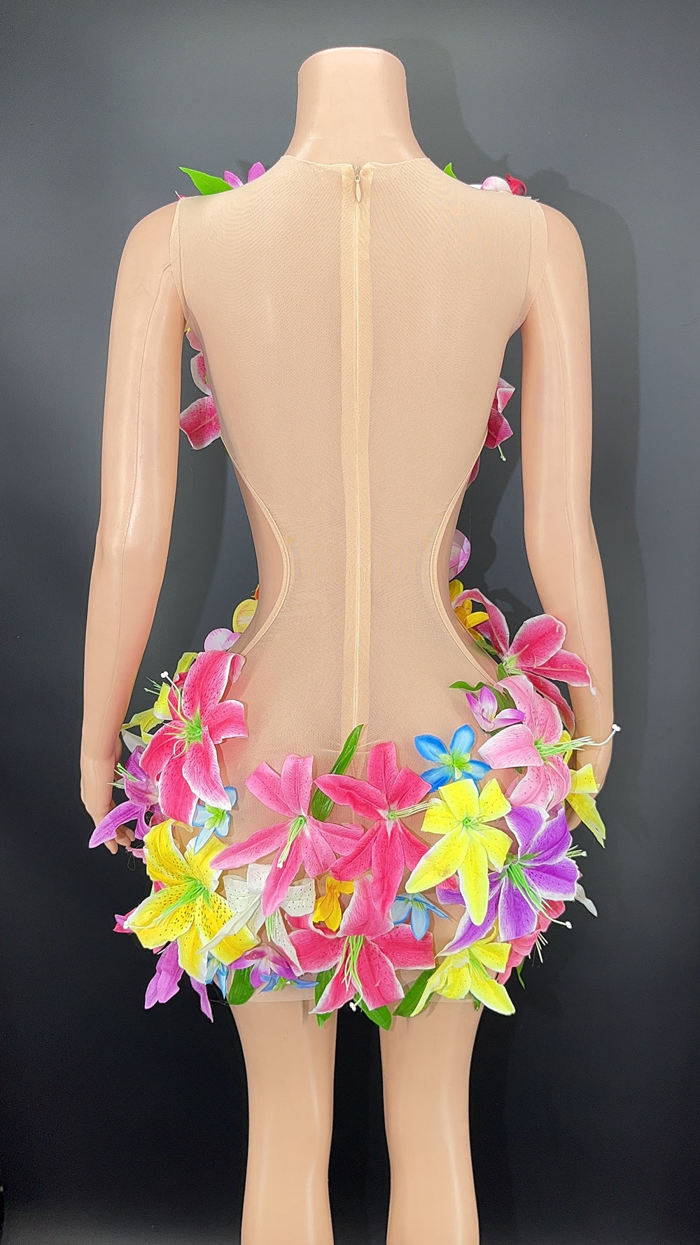 Embroidered Flower Decor Nude Mesh Transparent Party Formal Dress