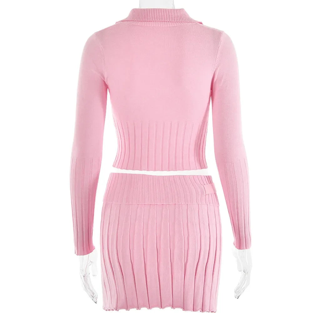 Pleated Solid Knitted Turn-Down Collar Long Sleeve Double Zipper Jacket + Folded Mini Pleated Skirt Ladies Suit