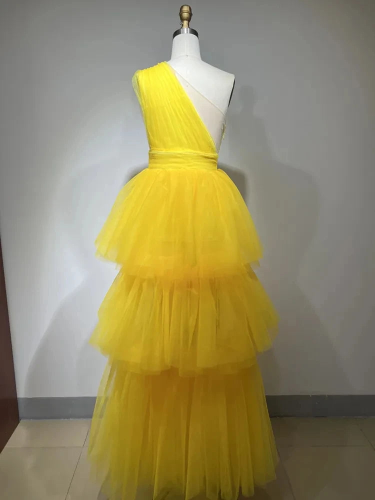 Yellow Pleated Layered Organza Tiered Asymmetrical One Shoulder Prom/Party Formal Dress w/ Train