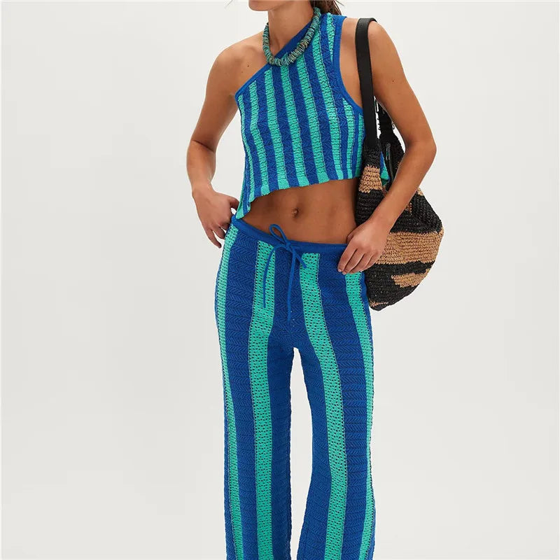 Crochet Striped Colorblock Asymmetrical One Shoulder Crop Tank Top  + Low Rise Long Pants Knitted Matching 2-Piece Set