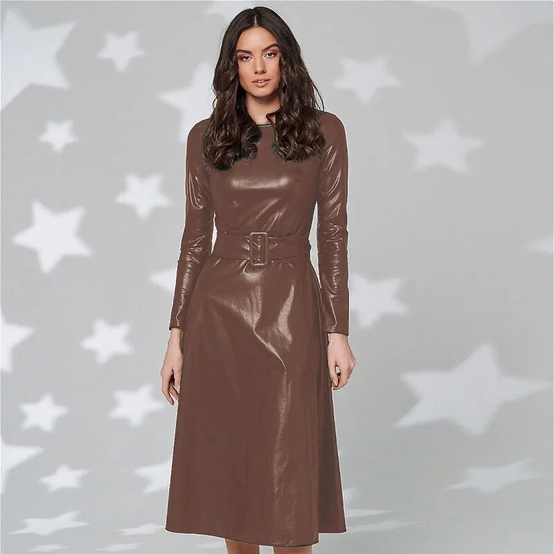 PU Leather Long Sleeve Slim Fit Maxi Dress w/ Belt