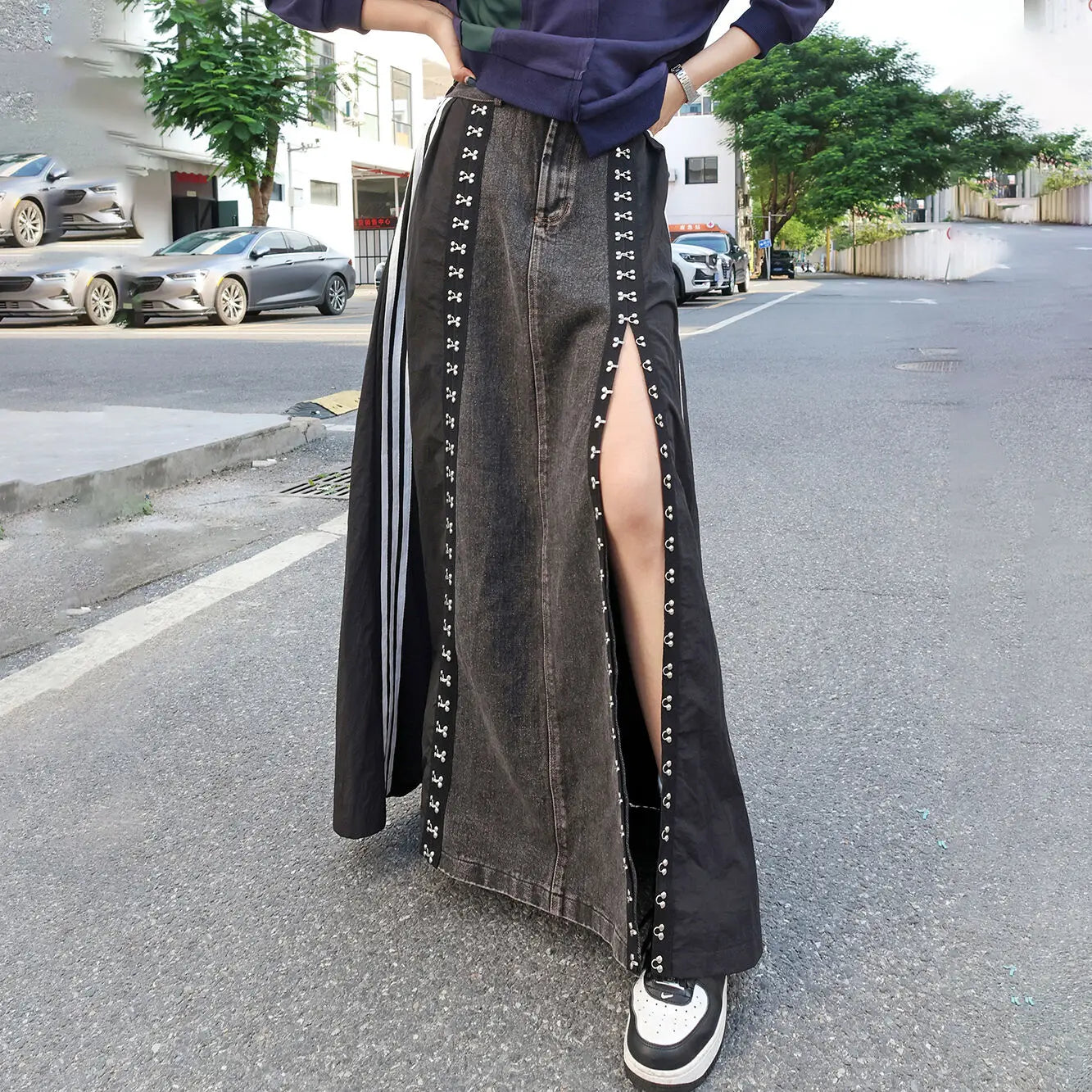 240939 European American Personalized Buttons Woman A-E Skirt Loose Plus Size Patchwork Denim Long Skirts Faldas Mujer Saias
