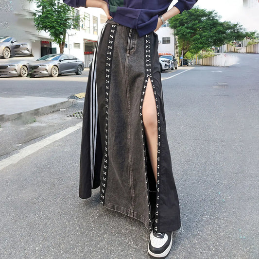 240939 European American Personalized Buttons Woman A-E Skirt Loose Plus Size Patchwork Denim Long Skirts Faldas Mujer Saias