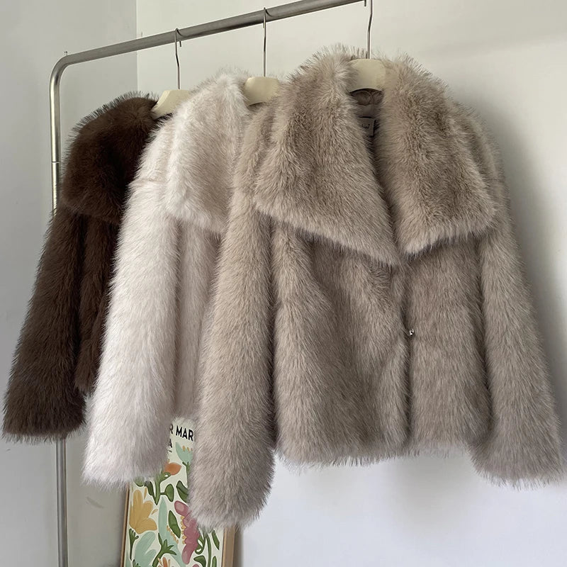 Gradient/Solid Faux Fur Big Collar Women's Jacket