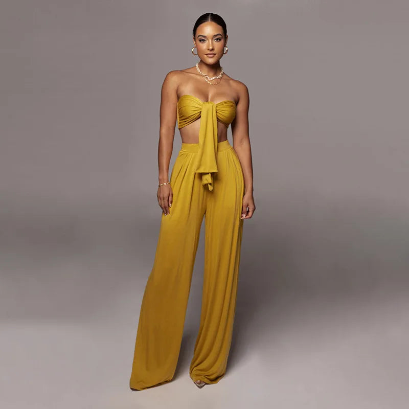 Sleeveless Bowknot Design Tube Top+ Wide Leg Pants Women's Solid Color 2-Piece Set