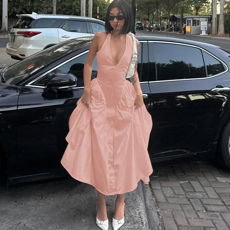 Sleeveless Halter Backless Deep V-Neck Solid Color Big Swing Maxi Dress