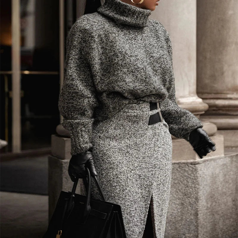 Grey Long Sleeve Turtleneck Pullover Sweater + High Front Slit Pencil Midi Skirt 2-Piece Set