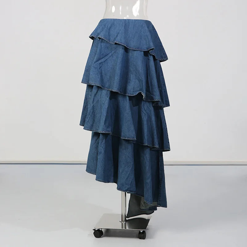 Denim Blue Gradient Colorblock Long Sleeve Turn-Down Collar Jean Shirt + Ruffled Tiered Layered Hi-Lo Tutu Jean Skirt Women's 2-Piece Set