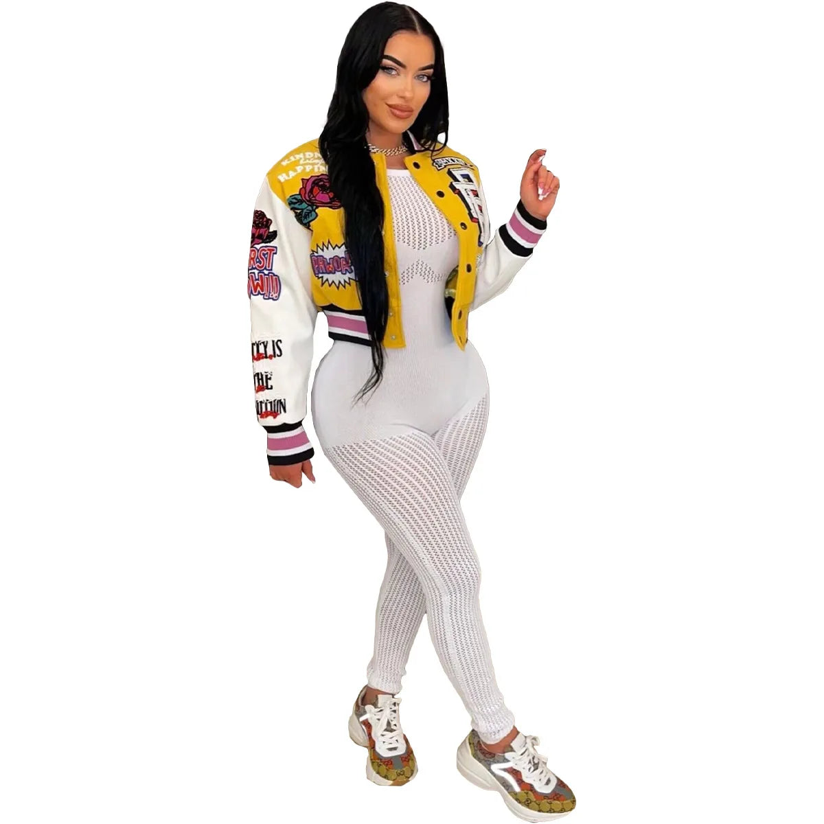 Letter Print Patchwork Women's Long Sleeve Baseball Varsity Button-Up Crop Jacket