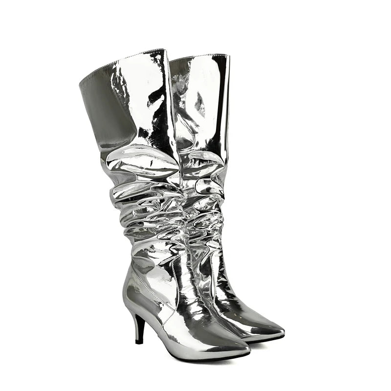 Ruched Metallic Mirror Pleated Patent Leather Pointed Toe Spike Heel Knee-High Boots